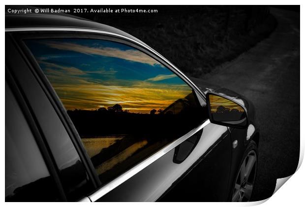 Sunset reflections in Audi window and mirror Print by Will Badman
