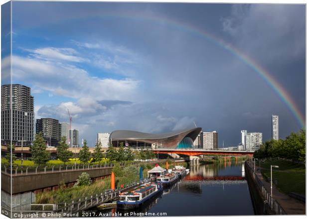 Rainbow over the Aquatic Centre in London's East E Canvas Print by Philip Pound