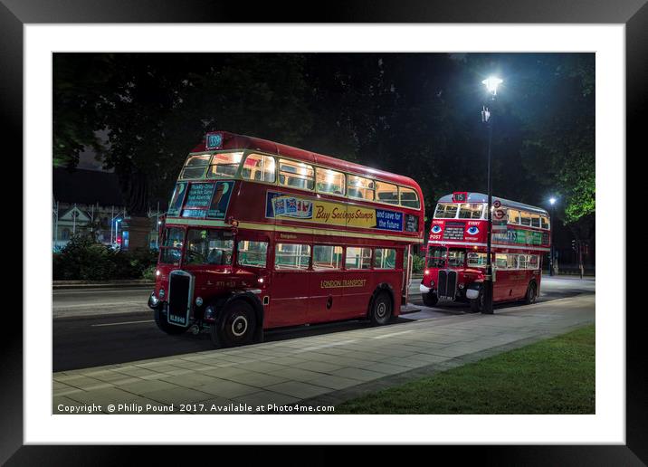 Two Veteran London Double Decker Red Buses at Nigh Framed Mounted Print by Philip Pound