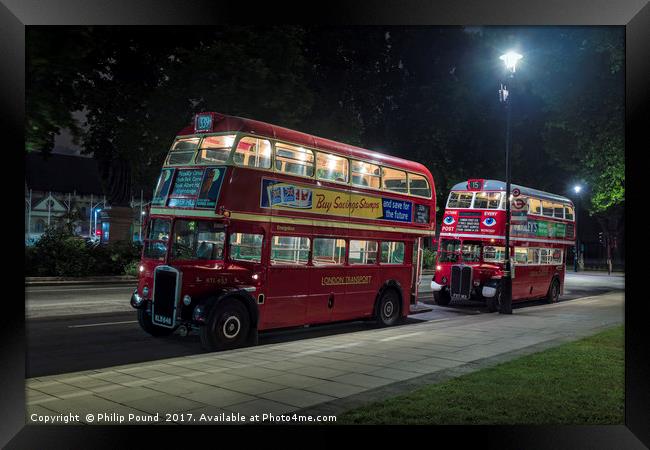 Two Veteran London Double Decker Red Buses at Nigh Framed Print by Philip Pound