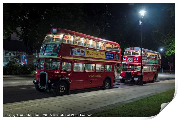 Two Veteran London Double Decker Red Buses at Nigh Print by Philip Pound