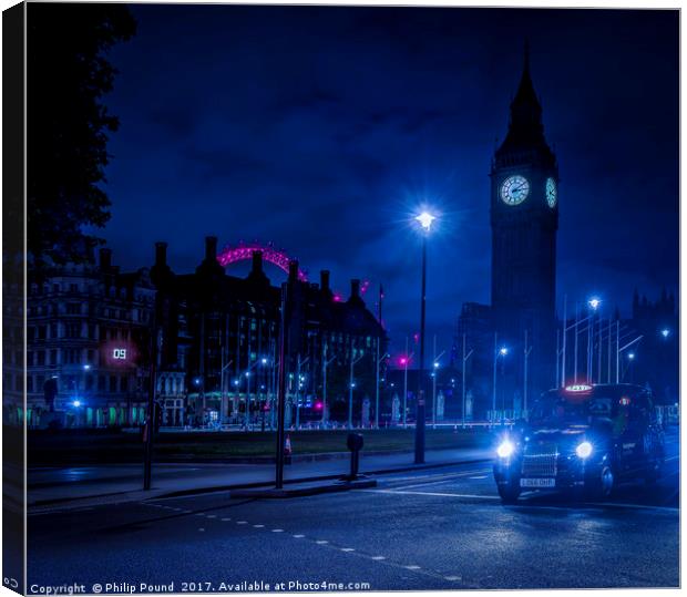 London Taxi at Night and Big Ben Canvas Print by Philip Pound