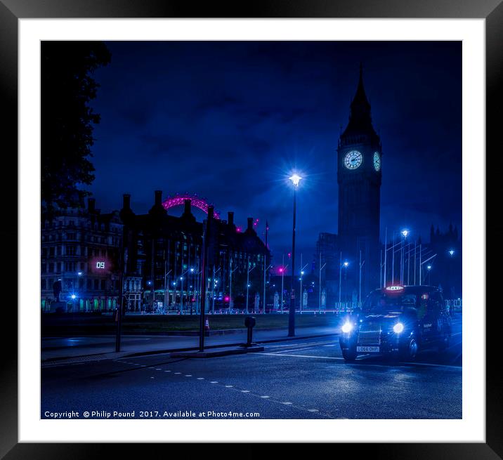 London Taxi at Night and Big Ben Framed Mounted Print by Philip Pound