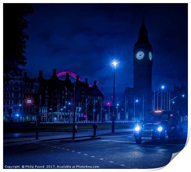 London Taxi at Night and Big Ben Print by Philip Pound