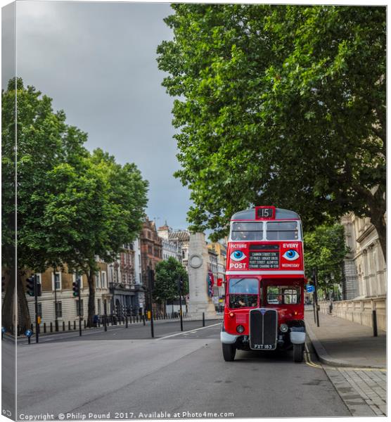 London Red Bus in Whitehall London Canvas Print by Philip Pound