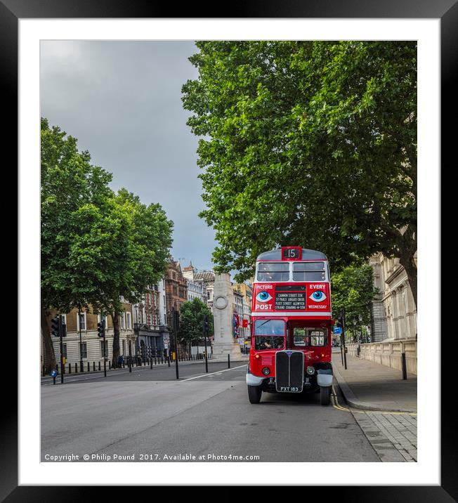 London Red Bus in Whitehall London Framed Mounted Print by Philip Pound