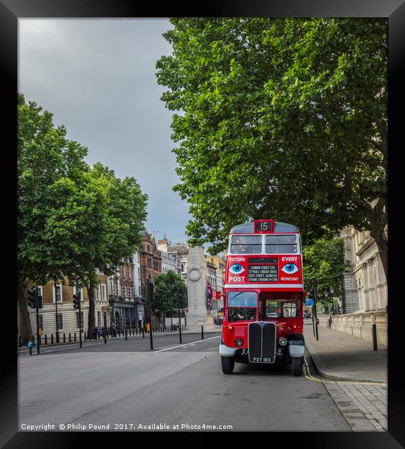 London Red Bus in Whitehall London Framed Print by Philip Pound