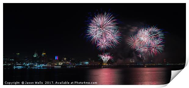 Colourful fireworks above the Liverpool skyline Print by Jason Wells