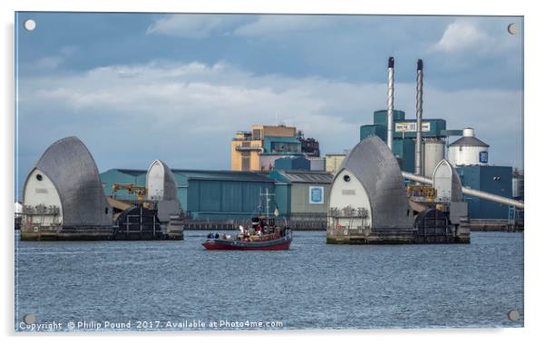 Tug passing through Thames Barrier at Woolwich Acrylic by Philip Pound