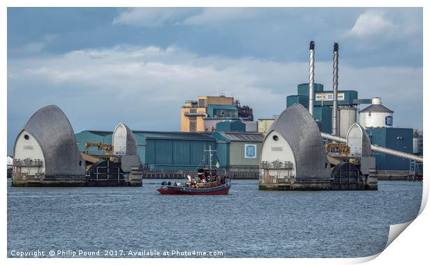 Tug passing through Thames Barrier at Woolwich Print by Philip Pound