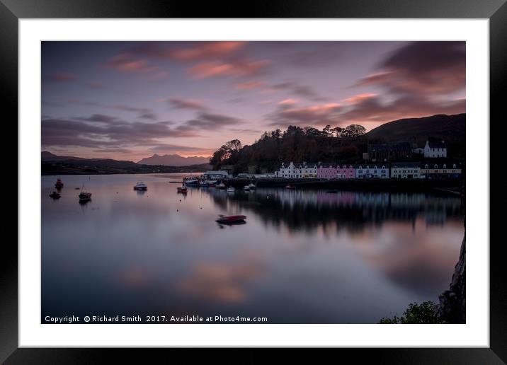 The Cuillin and Portree Pier across loch Portree. Framed Mounted Print by Richard Smith