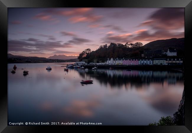 The Cuillin and Portree Pier across loch Portree. Framed Print by Richard Smith
