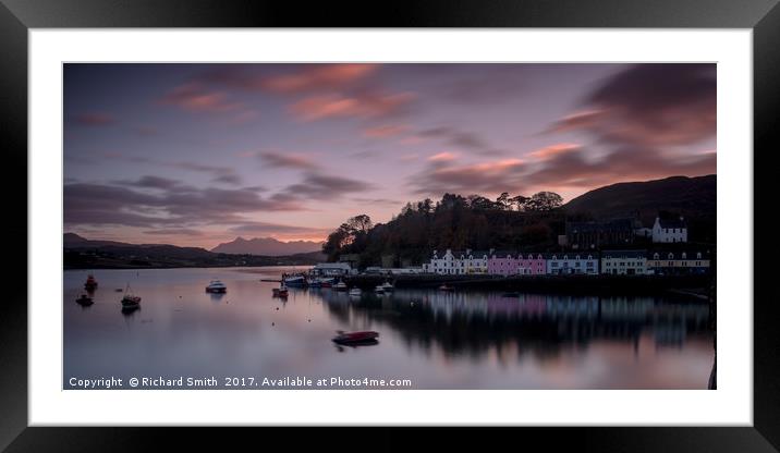 The Cuillin and Portree Pier across loch Portree.  Framed Mounted Print by Richard Smith