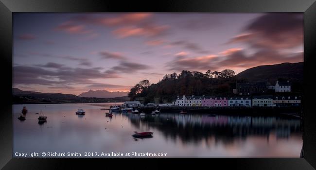 The Cuillin and Portree Pier across loch Portree.  Framed Print by Richard Smith