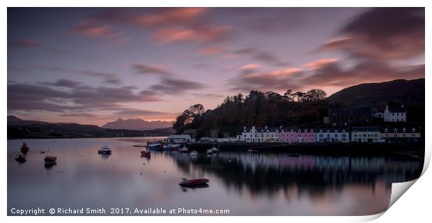 The Cuillin and Portree Pier across loch Portree.  Print by Richard Smith