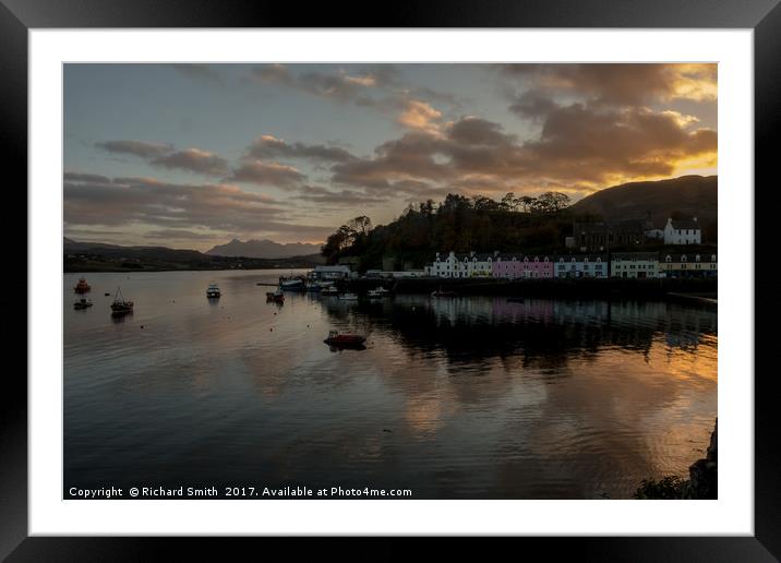 The Cuillin and Portree Pier across loch Portree.  Framed Mounted Print by Richard Smith