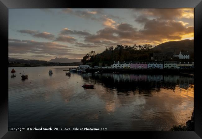 The Cuillin and Portree Pier across loch Portree.  Framed Print by Richard Smith