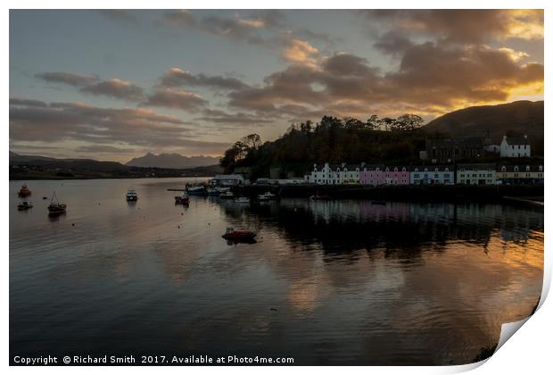 The Cuillin and Portree Pier across loch Portree.  Print by Richard Smith