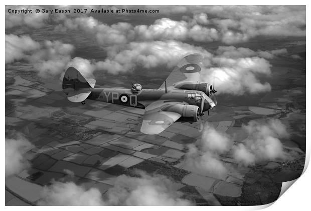 Bristol Blenheim in flight B&W version Print by Gary Eason