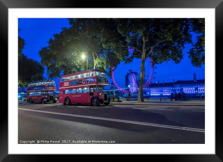 London Red Buses at Night on Victoria Embankment Framed Mounted Print by Philip Pound
