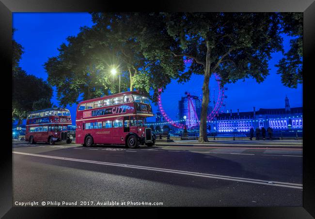 London Red Buses at Night on Victoria Embankment Framed Print by Philip Pound