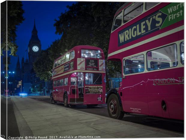  Big Ben and London Red Buses at Night Canvas Print by Philip Pound