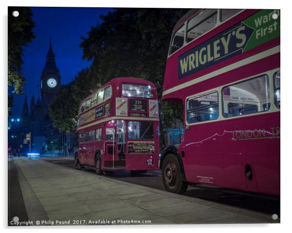 Big Ben and London Red Buses at Night Acrylic by Philip Pound