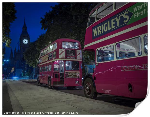  Big Ben and London Red Buses at Night Print by Philip Pound