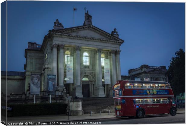 London Red Bus at Tate Britain Art Museum at Night Canvas Print by Philip Pound