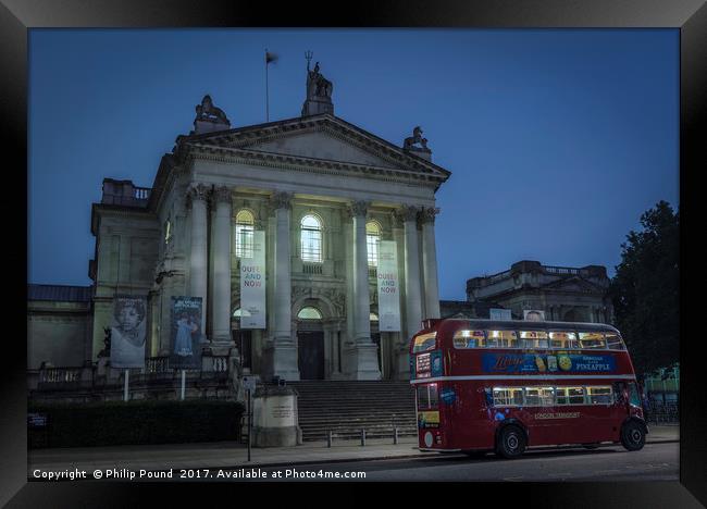 London Red Bus at Tate Britain Art Museum at Night Framed Print by Philip Pound