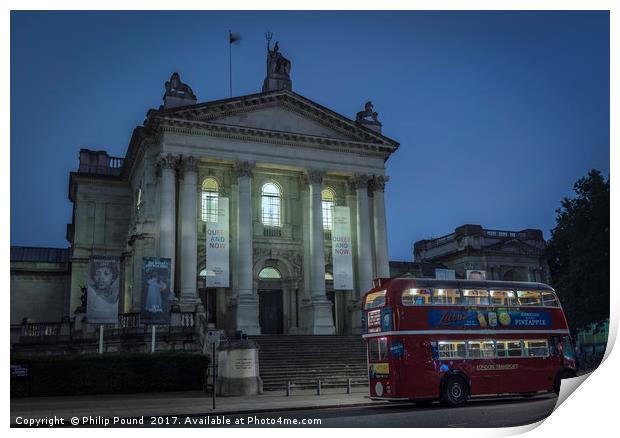 London Red Bus at Tate Britain Art Museum at Night Print by Philip Pound