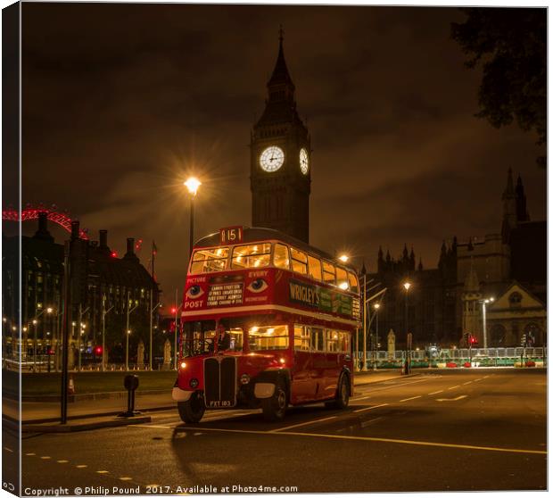 London Red Bus at Night with Big Ben Canvas Print by Philip Pound