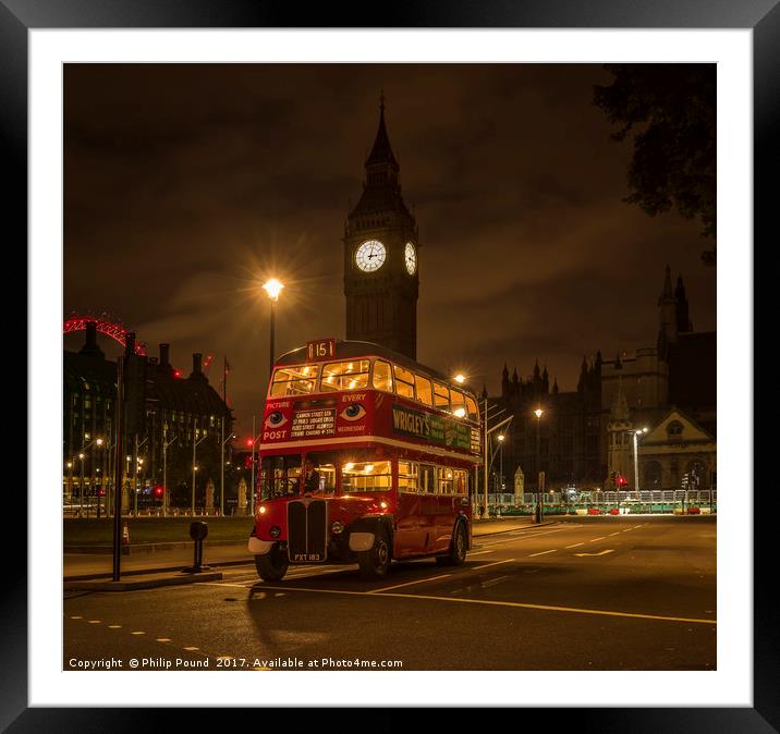 London Red Bus at Night with Big Ben Framed Mounted Print by Philip Pound