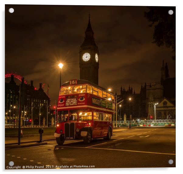 London Red Bus at Night with Big Ben Acrylic by Philip Pound