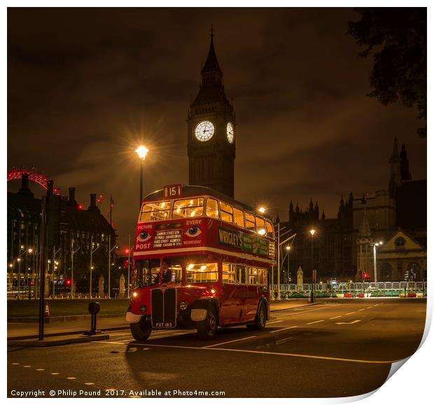London Red Bus at Night with Big Ben Print by Philip Pound