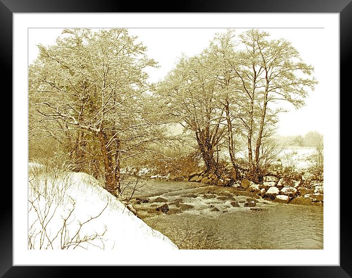 Snow Stream Falls.Rhymney River. Framed Mounted Print by paulette hurley