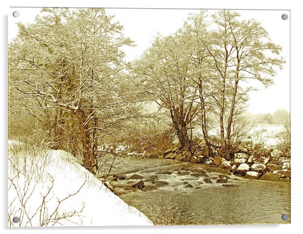 Snow Stream Falls.Rhymney River. Acrylic by paulette hurley