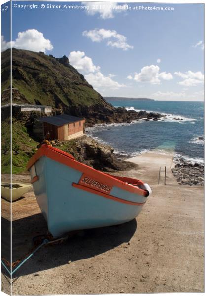 Fishing boat, Cape Cornwall Canvas Print by Simon Armstrong