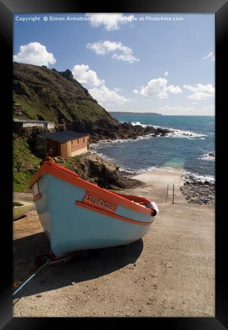 Fishing boat, Cape Cornwall Framed Print by Simon Armstrong