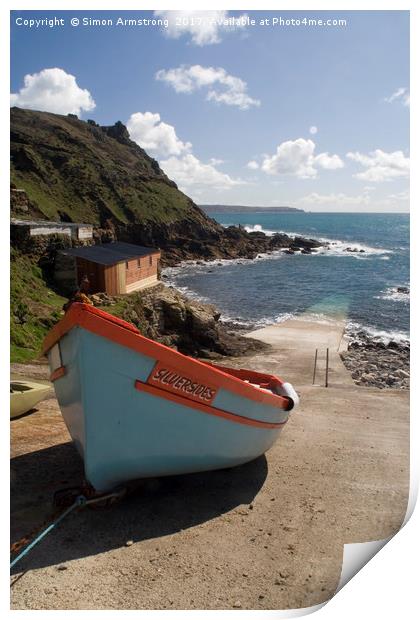 Fishing boat, Cape Cornwall Print by Simon Armstrong