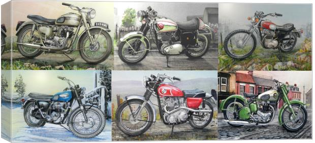 SIX CLASSIC BRITISH MOTORCYCLES Canvas Print by John Lowerson
