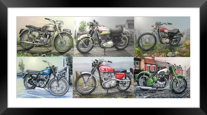 SIX CLASSIC BRITISH MOTORCYCLES Framed Mounted Print by John Lowerson