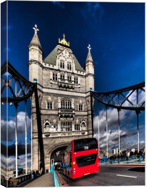 London Red bus on Tower bridge. Canvas Print by David Hall
