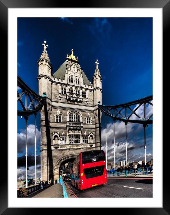 London Red bus on Tower bridge. Framed Mounted Print by David Hall