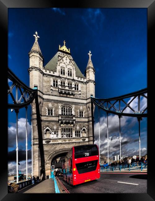 London Red bus on Tower bridge. Framed Print by David Hall