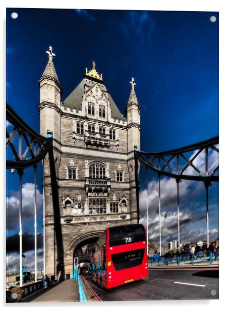 London Red bus on Tower bridge. Acrylic by David Hall