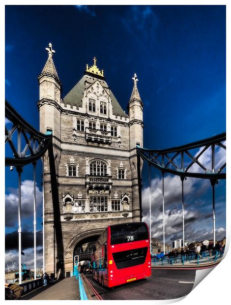 London Red bus on Tower bridge. Print by David Hall
