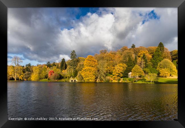 Majestic Autumnal Reflections at Stourhead Gardens Framed Print by colin chalkley