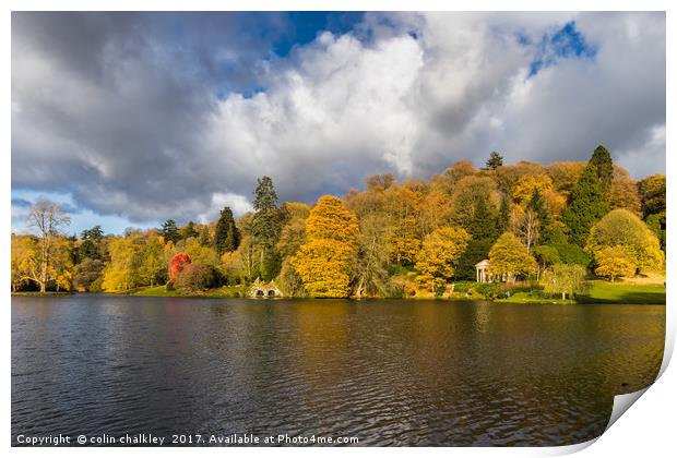 Majestic Autumnal Reflections at Stourhead Gardens Print by colin chalkley