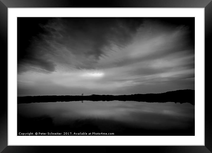 Couple Walking by Lagoon. B&W Framed Mounted Print by Peter Schneiter